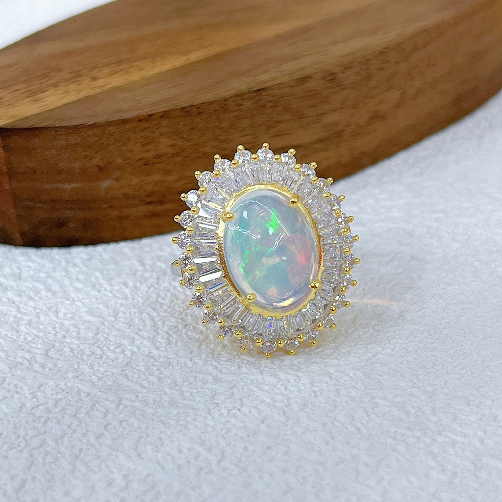 S925 Silver Plated Main Stone 10*14mm Two-tone Inlaid Opal Ring Autumn New Model