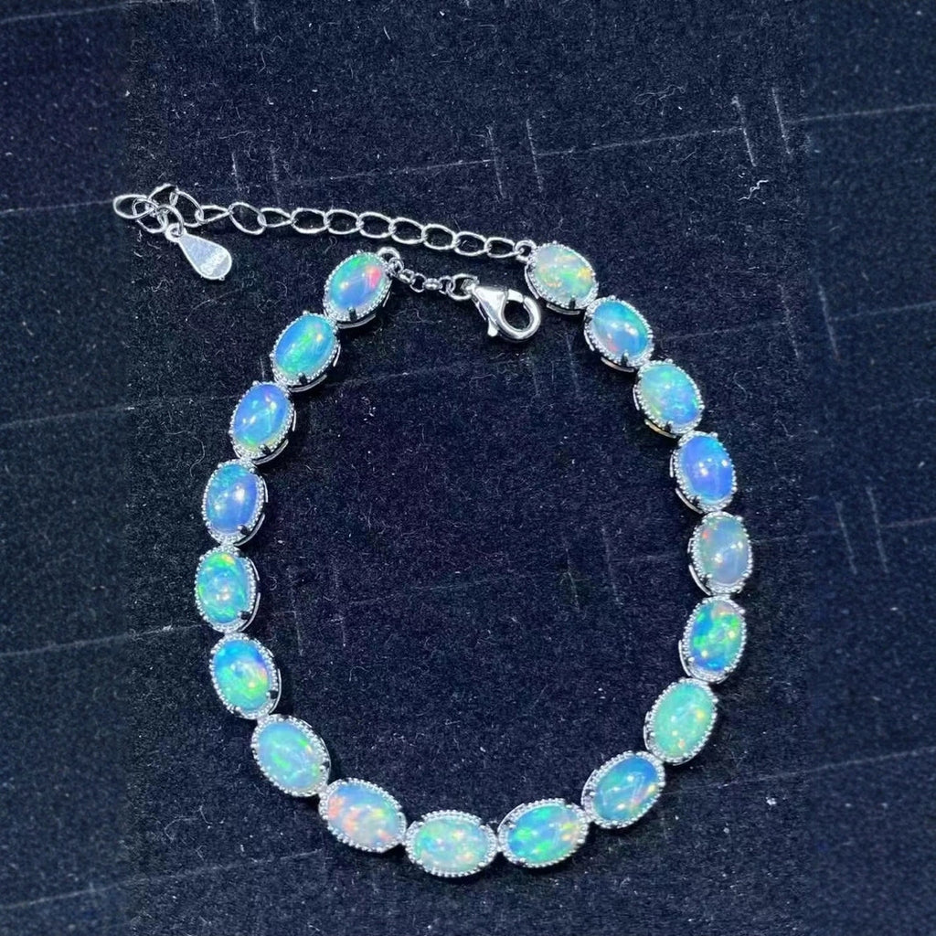 Natural Premium Opal S925 Sterling Silver Bracelet 4x6 18 Pieces Fashionable Light Luxury Colorful Gem Single Circle Bracelet