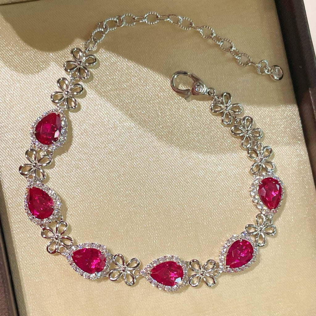 925 Silver Gold Plated Red Corundum Water Drop Flash Diamond Bracelet
