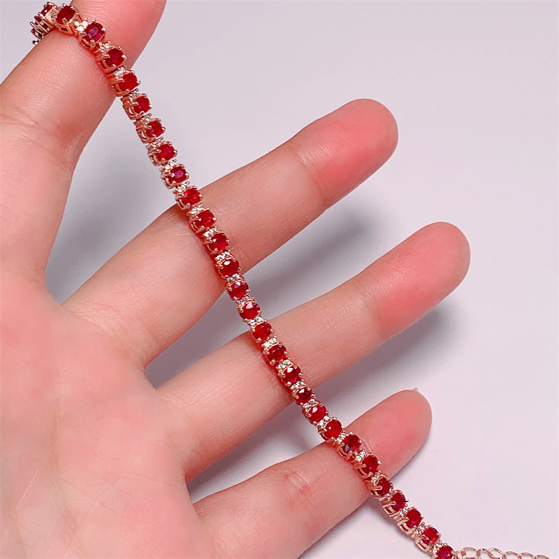 S925 Silver Plated Rose Gold Inlaid 3*4mm Natural Pigeon Blood Ruby Bracelet