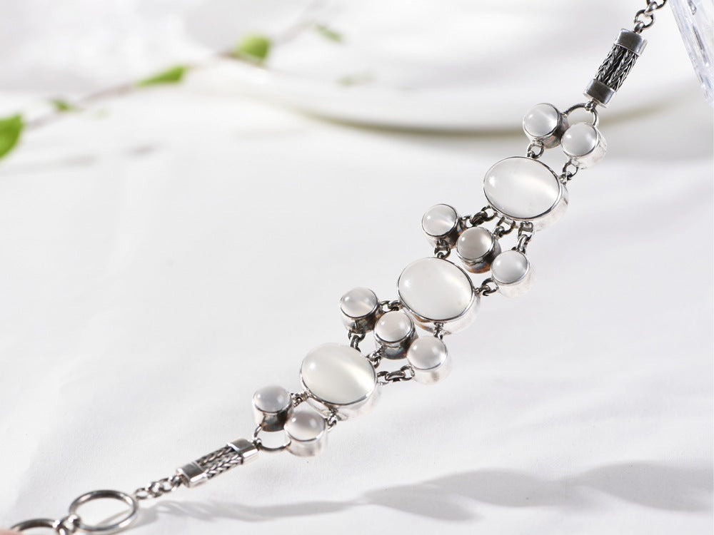 S925 Silver Jewelry Bracelet Vintage Distressed Inlaid with Egg White Agate Moonstone Fashion Women's Bracelet
