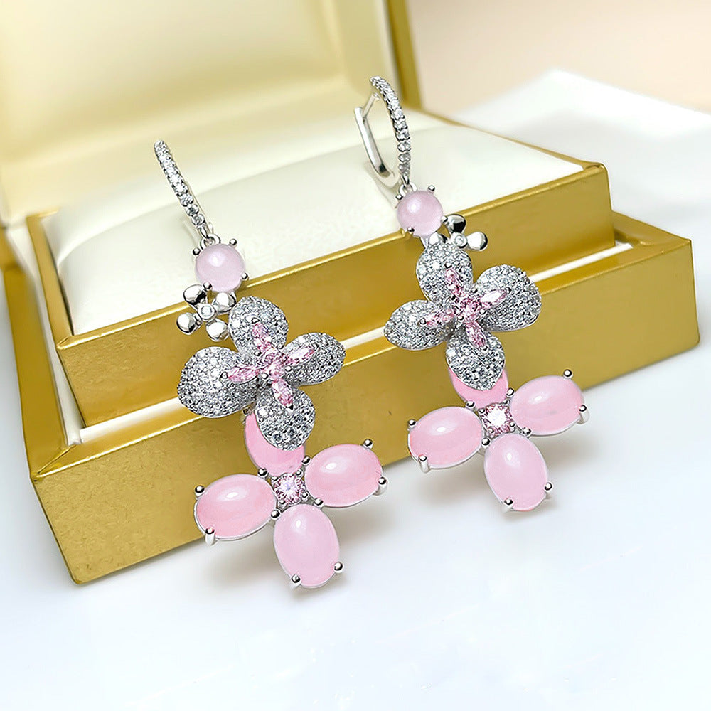 S925 Silver Inlaid 7*9mm Pink Diamond European and American Stud Earrings Sweet Style Geometric Earrings