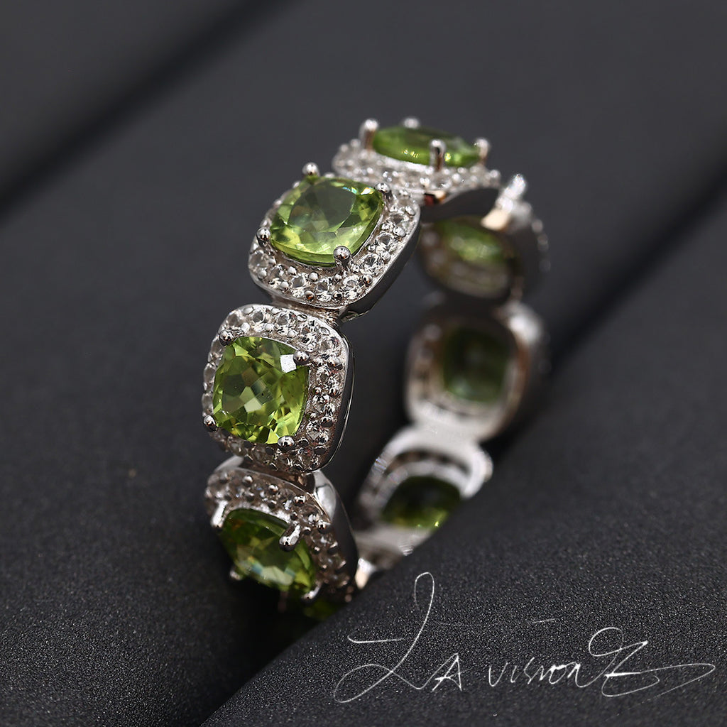 925 Silver Inlaid Natural Peridot Synthetic White Sapphire Ring