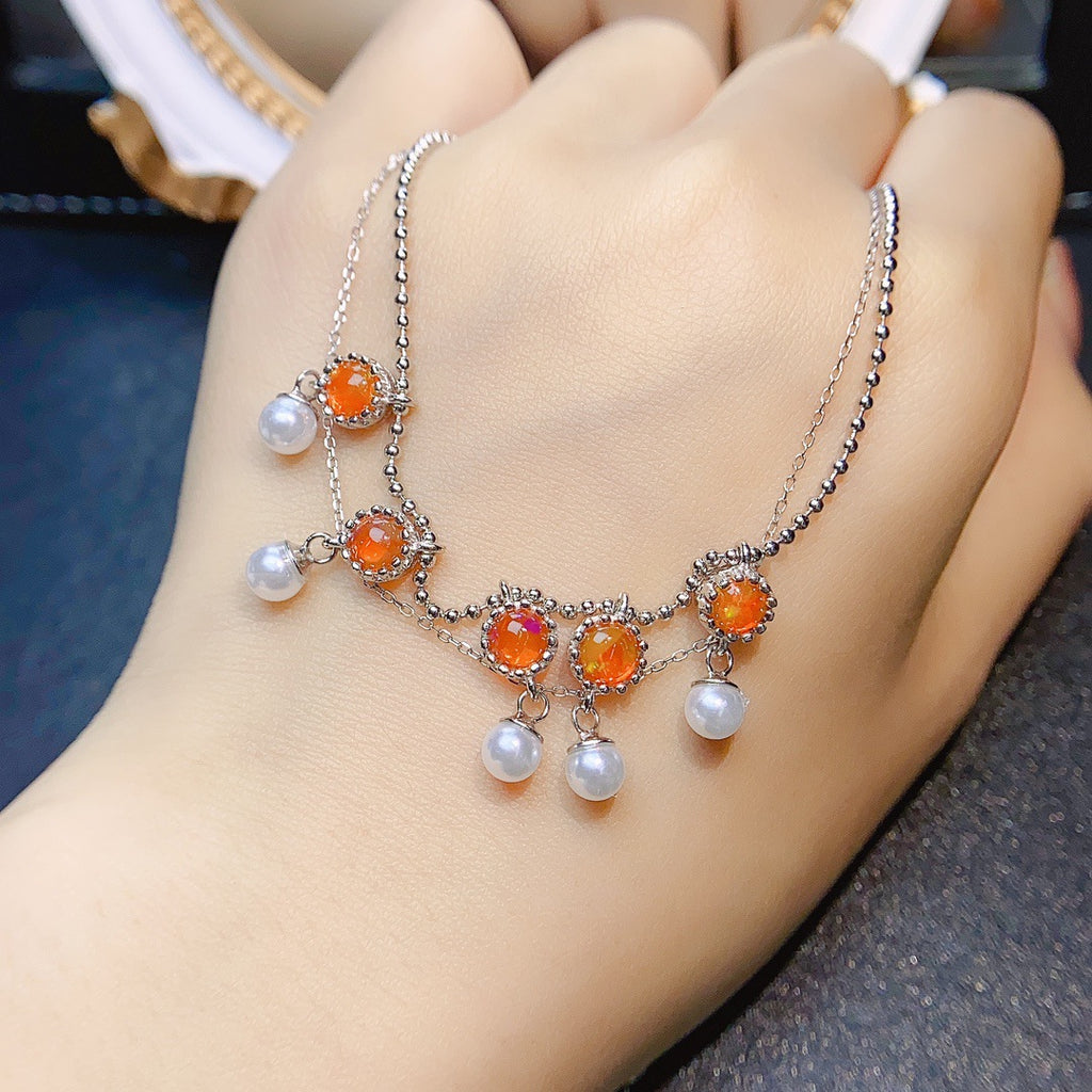 S925 Silver Inlaid Main Stone Natural Fire Opal 5*5 Necklace