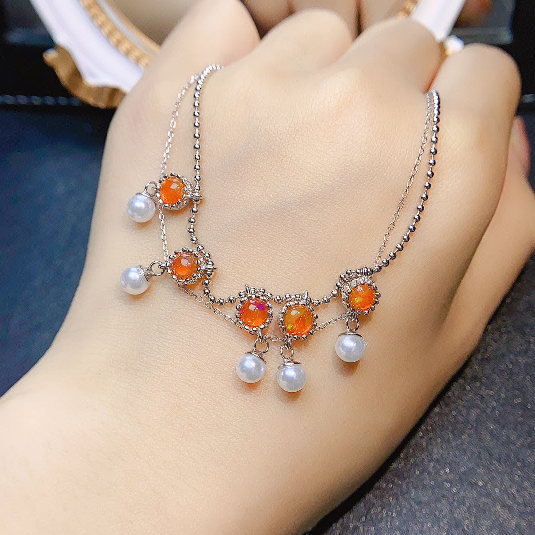 S925 Silver Inlaid Main Stone Natural Fire Opal 5*5 Necklace
