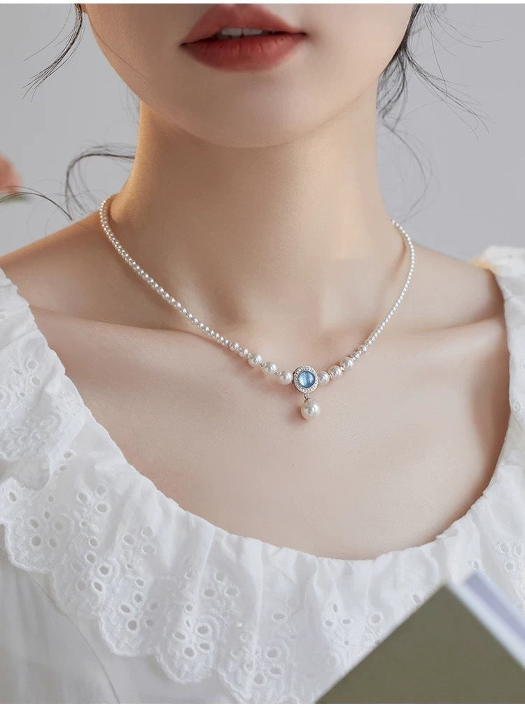 Natural Australian White Jellyfish Shell Pearl Necklace for Women with Aquamarine Gradient Elegant Collarbone Chain