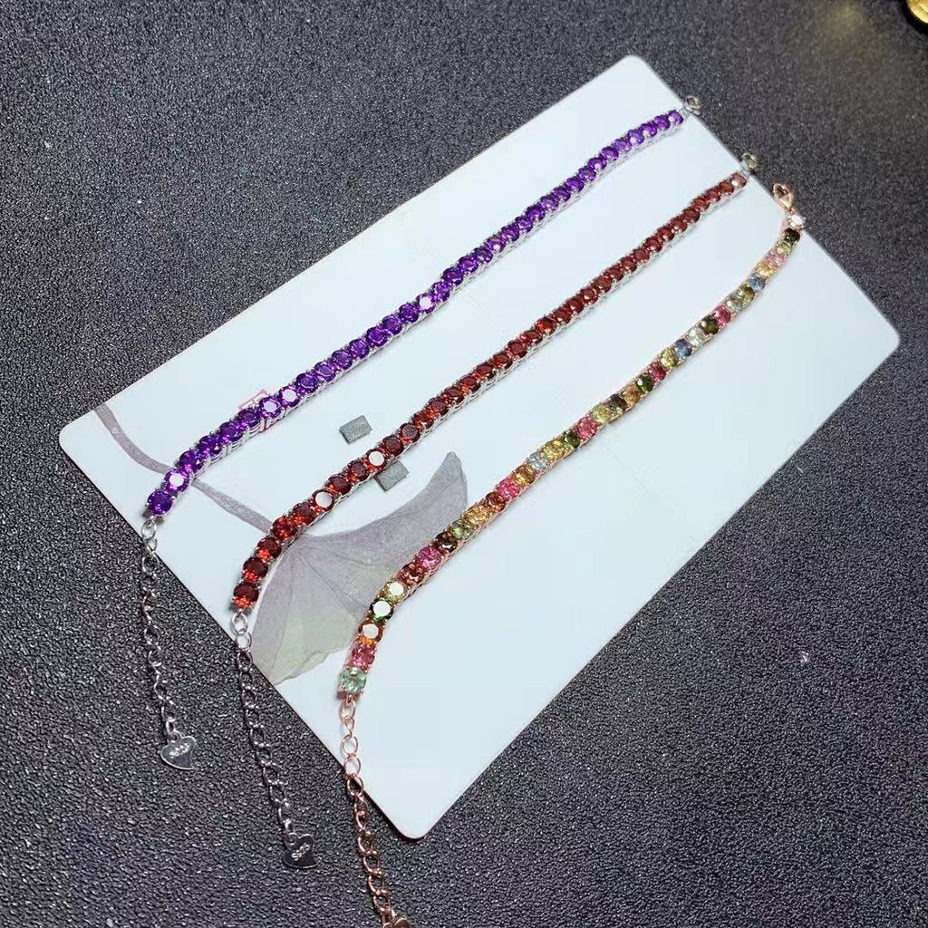 Colorful Gemstone Bracelet Natural Garnet Amethyst Tourmaline 925 Silver Single Circle Bracelet