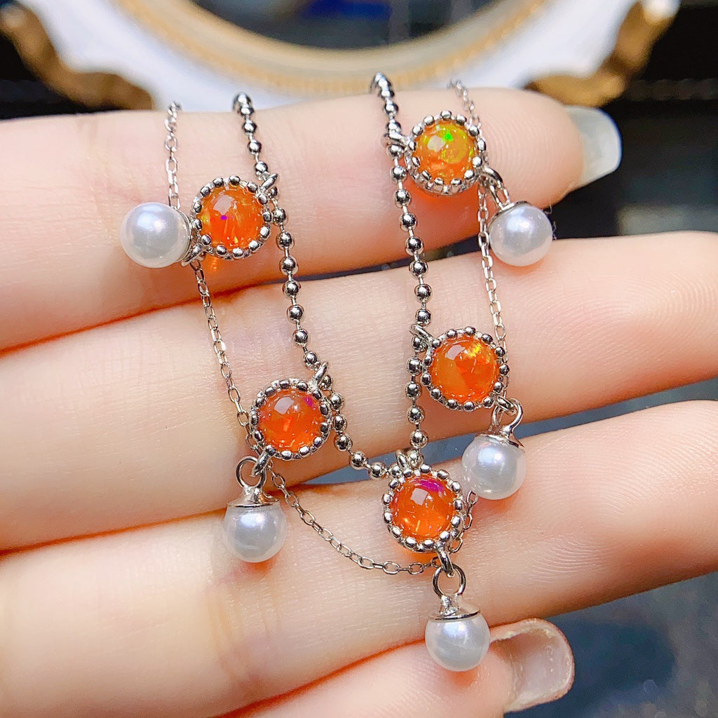 S925 Silver Inlaid Main Stone Natural Fire Opal 5*5 Necklace