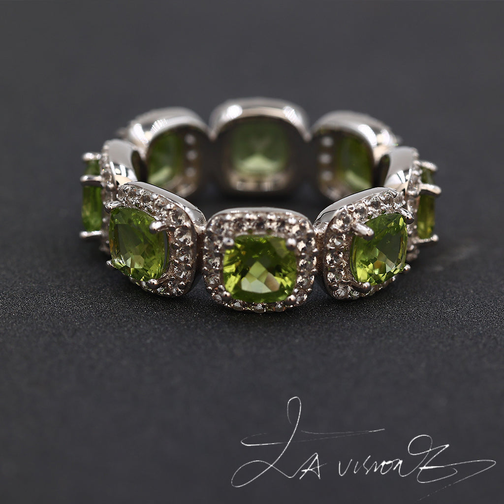 925 Silver Inlaid Natural Peridot Synthetic White Sapphire Ring