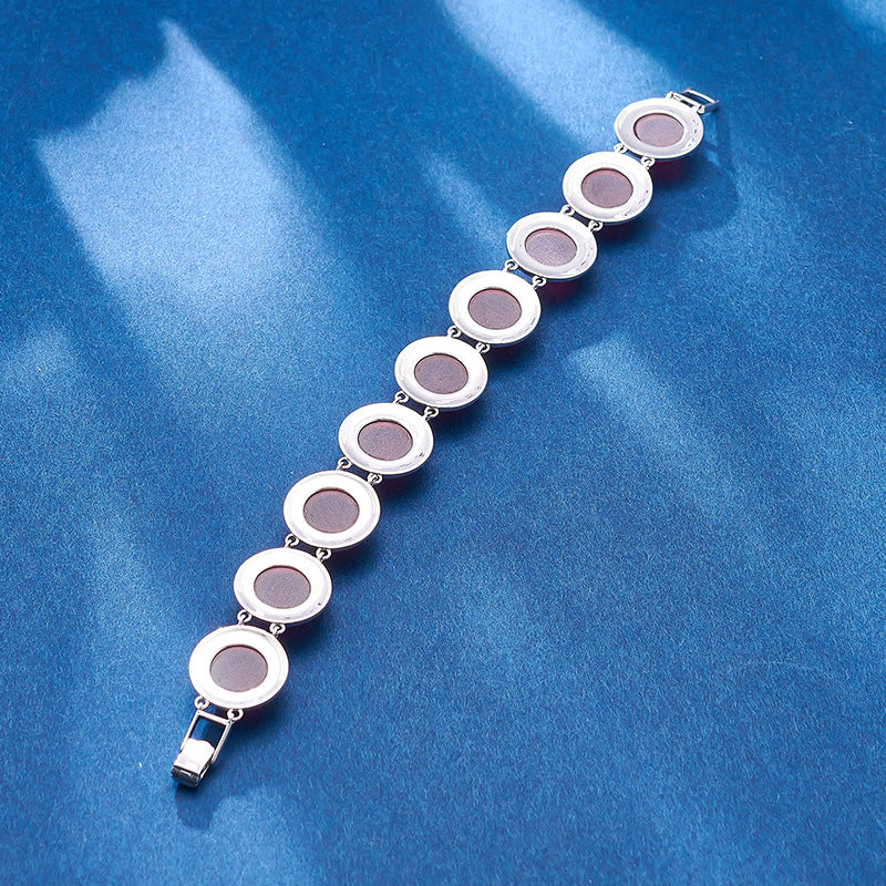 European and American Retro Mosaic Round Red Corundum Bracelet S925 Sterling Silver Inlaid Pink Crystal Cabochon Personalized Bracelet