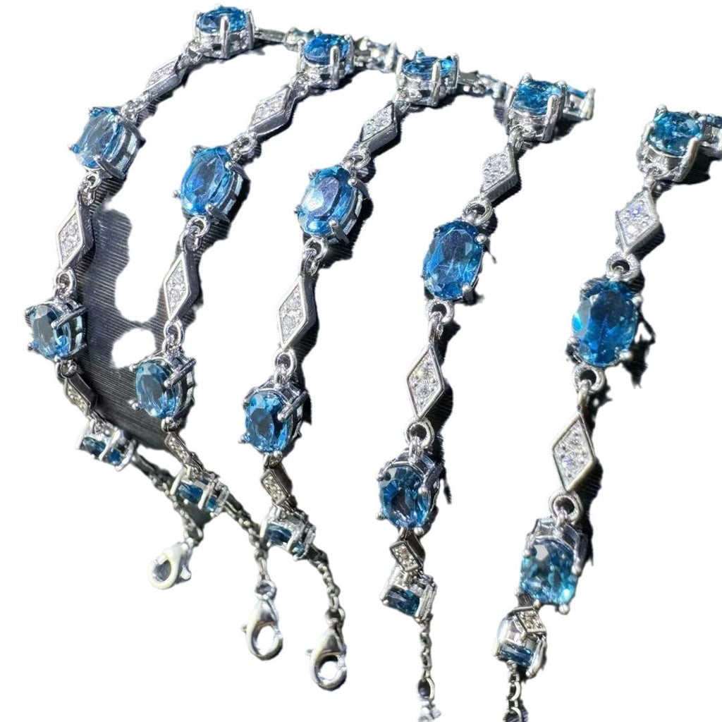 925 Silver Inlaid Main Stone 4*6mm Blue Topaz Bracelet
