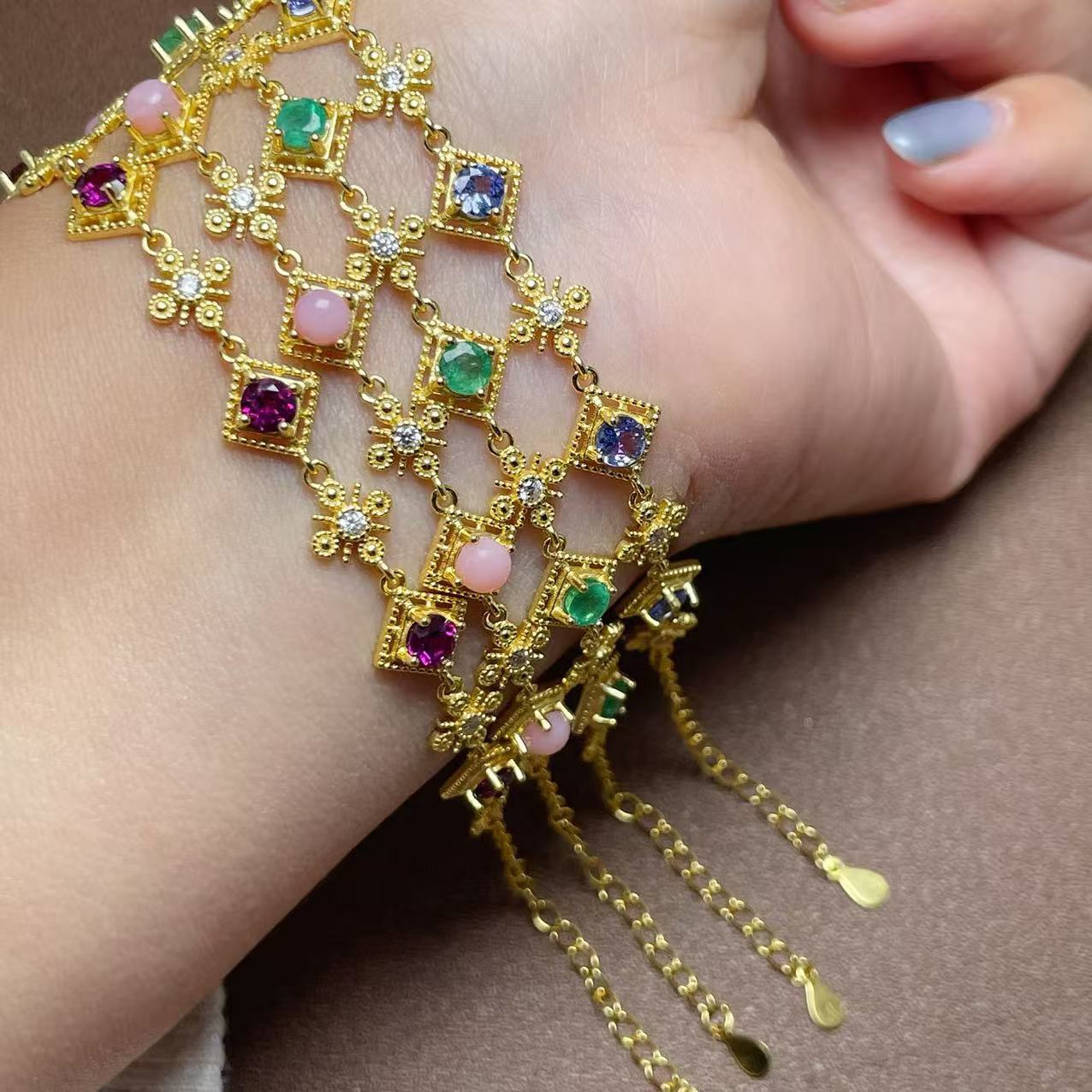 Vintage 925 Silver Inlaid with Emerald Tanzanite Pink Opal Natural Gemstone Multi-Gem Bracelet