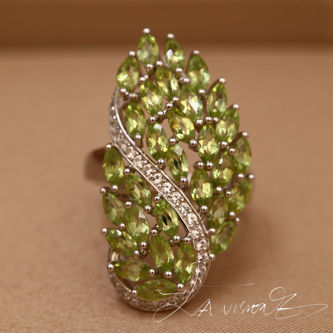 925 Silver Inlaid Natural Peridot Synthetic White Sapphire Ring
