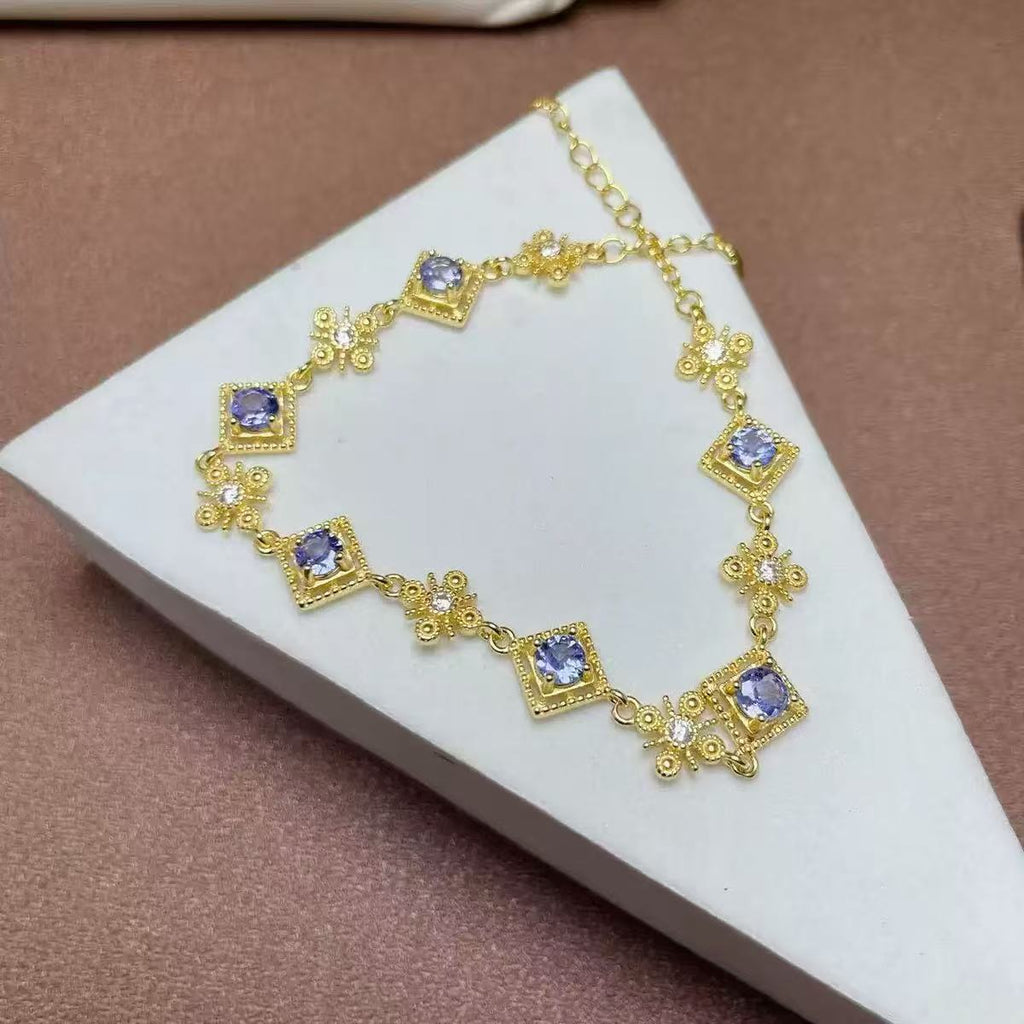 Vintage 925 Silver Inlaid with Emerald Tanzanite Pink Opal Natural Gemstone Multi-Gem Bracelet