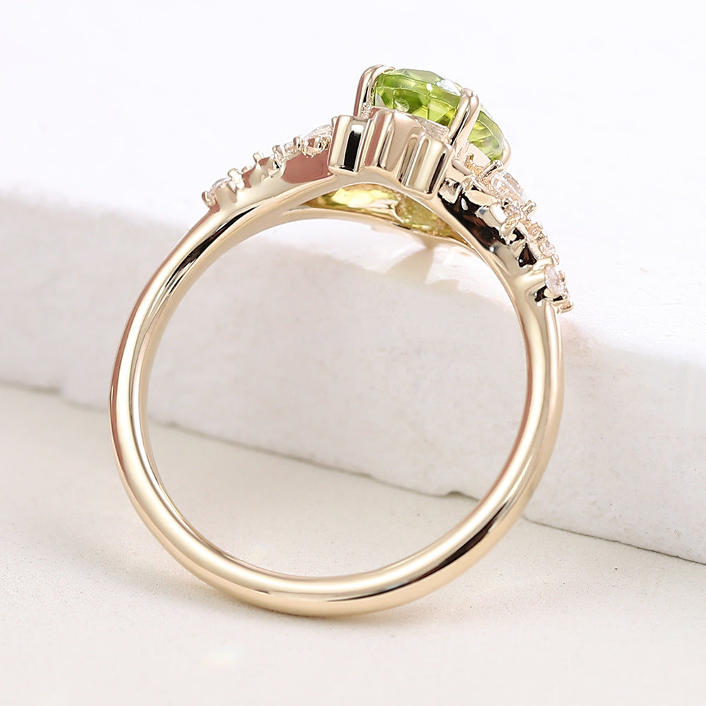 18K Gold Gemstone Ring Customized Olive Green Real Gold Ring