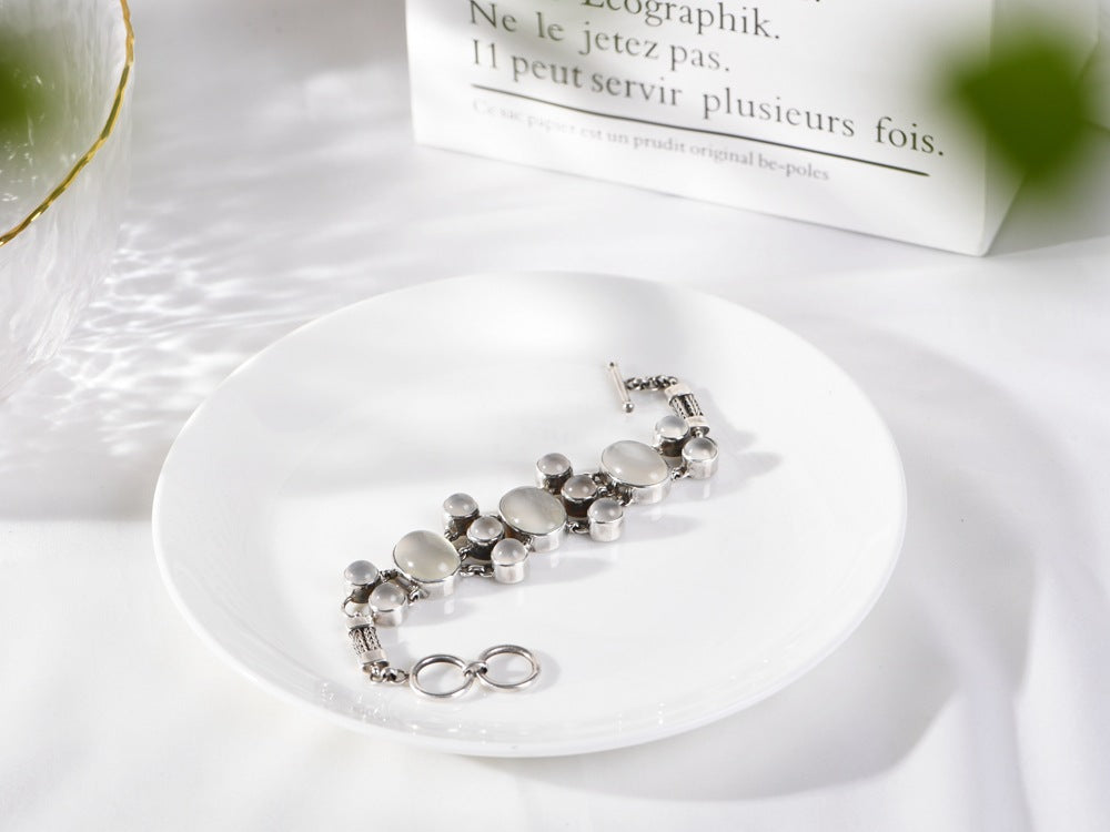 S925 Silver Jewelry Bracelet Vintage Distressed Inlaid with Egg White Agate Moonstone Fashion Women's Bracelet