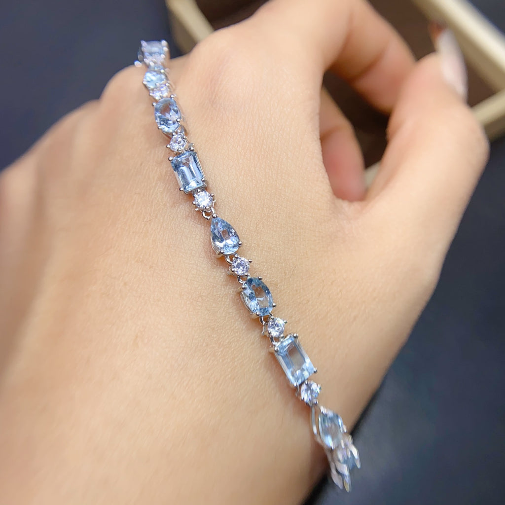 925 Silver 6*4 4*5mm Crystal Fresh Natural Aquamarine Bracelet