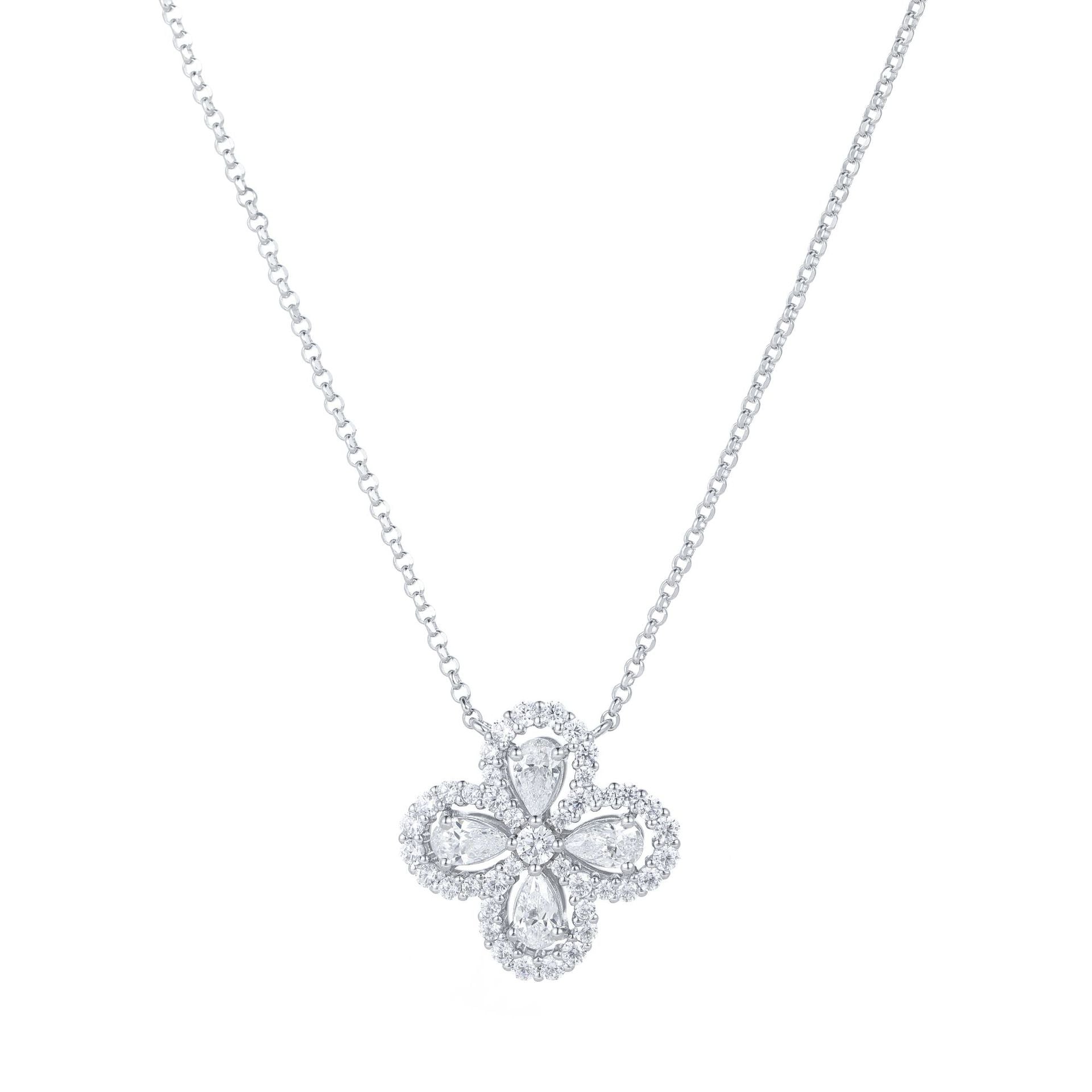 1.9 Carat Four-Leaf Clover Cultivated Pink Sapphire Full Diamond Necklace Aquamarine S925 Sterling Silver Pendant