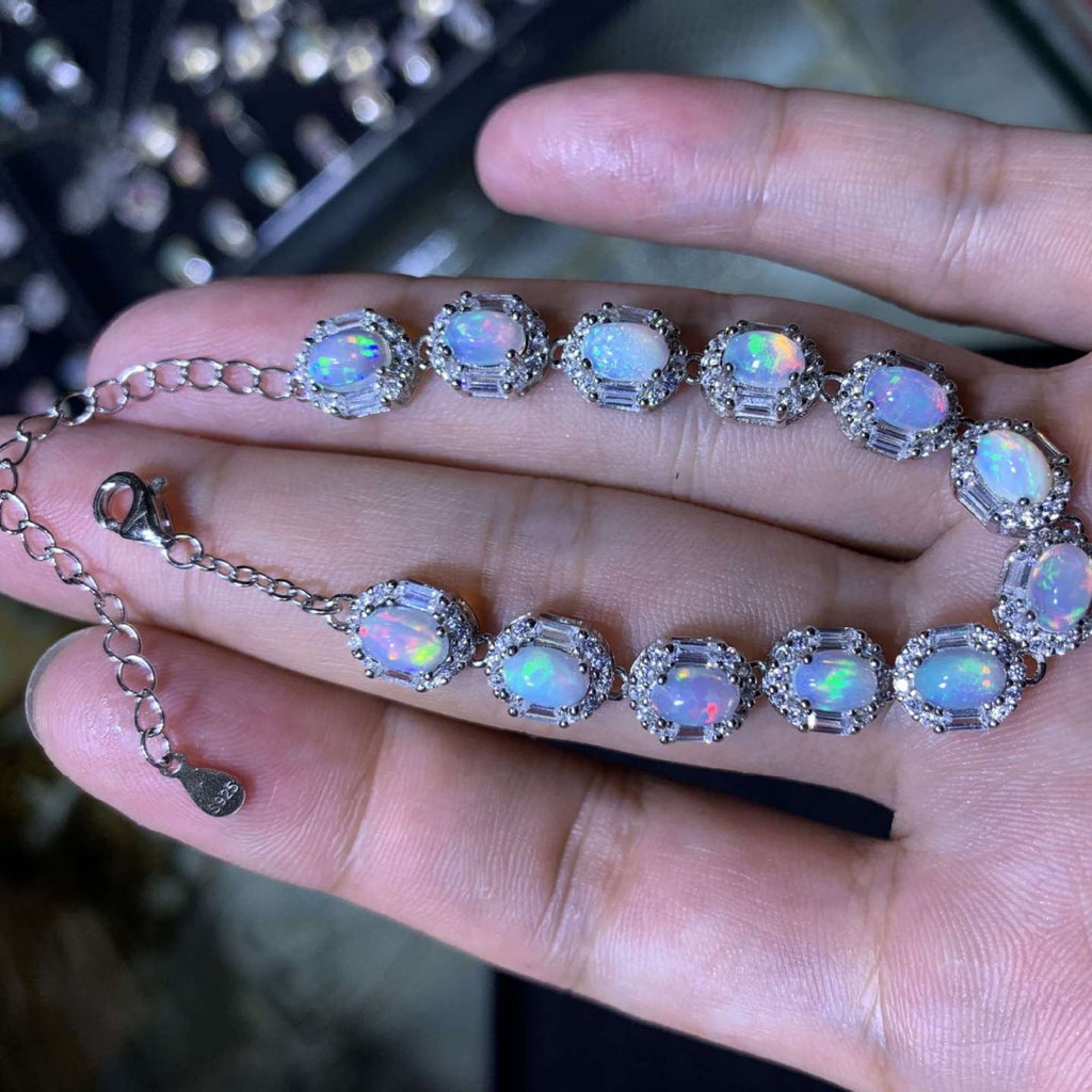 S925 Sterling Silver Inlaid Size 4*6mm Natural Opal Bracelet