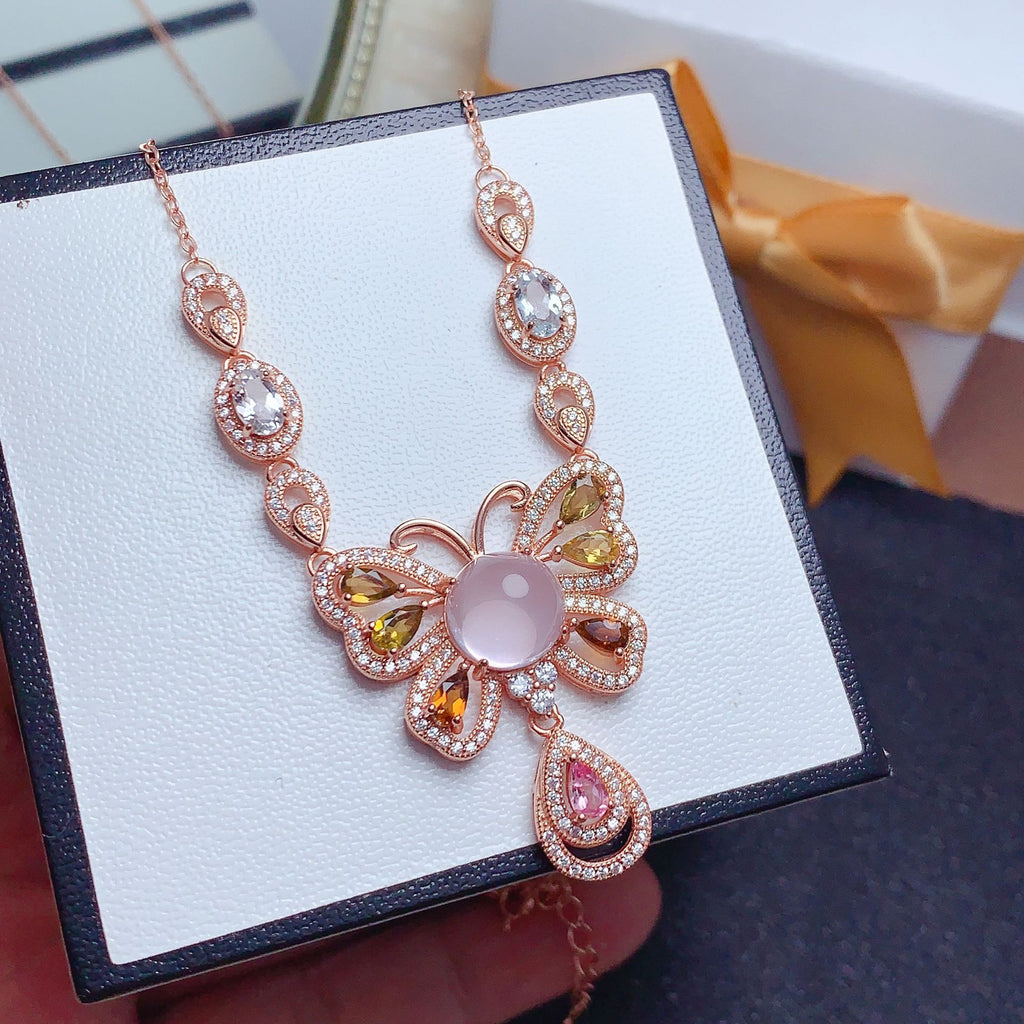 Clavicle Chain Gemstone Jewelry 925 Silver Inlaid with Natural Rose Quartz Tourmaline Aquamarine Engagement Date Necklace