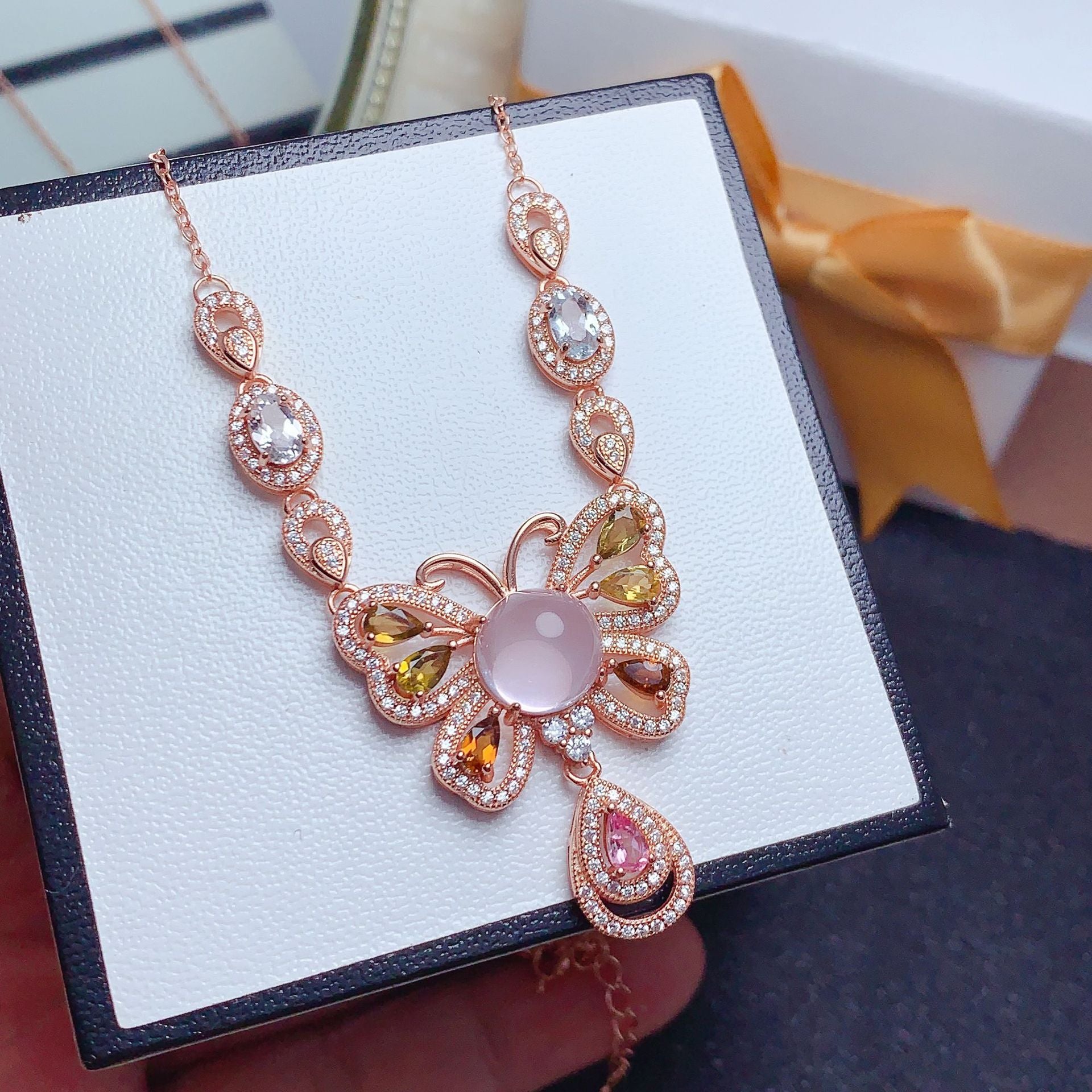 Clavicle Chain Gemstone Jewelry 925 Silver Inlaid with Natural Rose Quartz Tourmaline Aquamarine Engagement Date Necklace