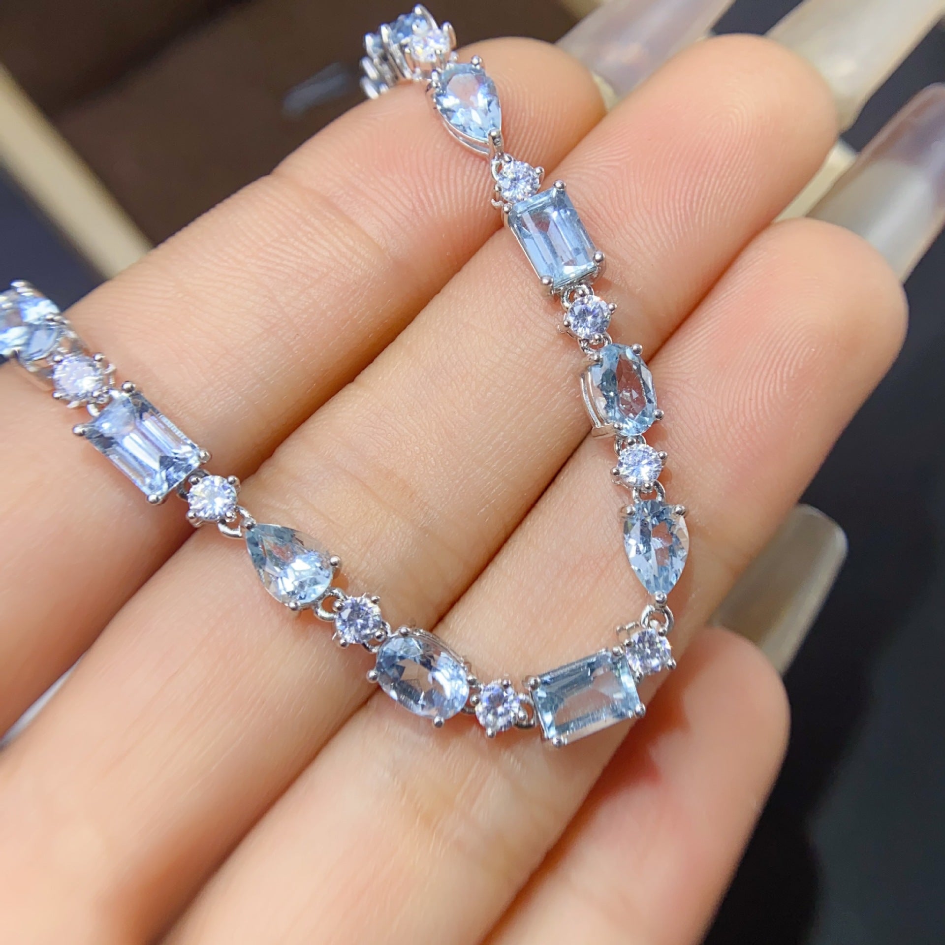 925 Silver 6*4 4*5mm Crystal Fresh Natural Aquamarine Bracelet