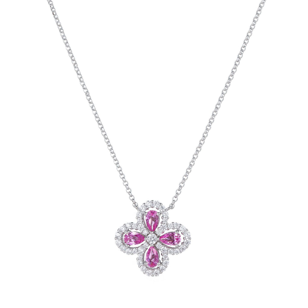 1.9 Carat Four-Leaf Clover Cultivated Pink Sapphire Full Diamond Necklace Aquamarine S925 Sterling Silver Pendant