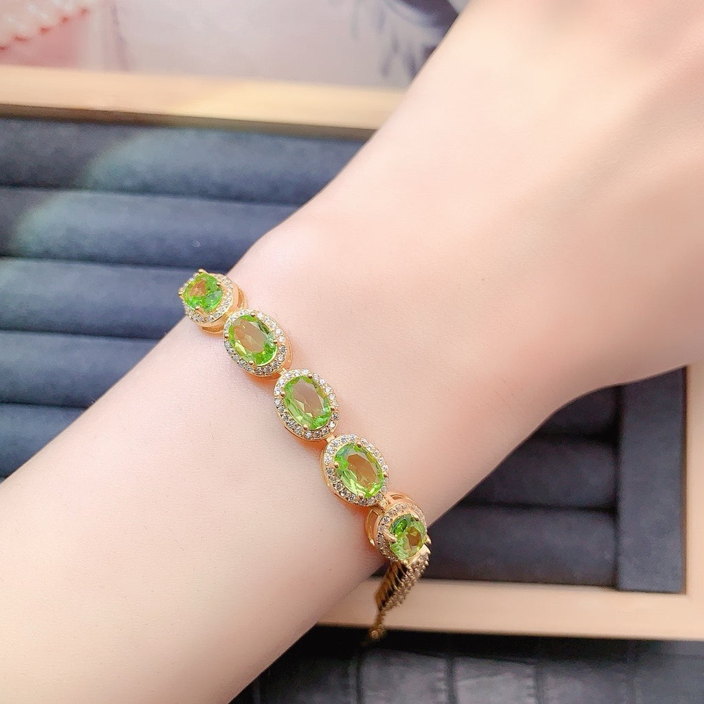 S925 sterling silver natural olivine bracelet fashion niche design oval 5*7mm bracelet