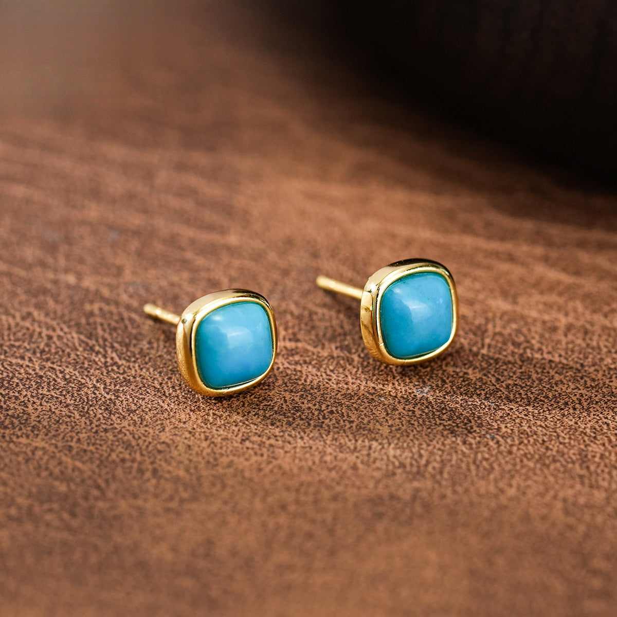 Square Earrings S925 Silver Plated 18K Gold Natural High Porcelain Turquoise Elegant Women's Earrings