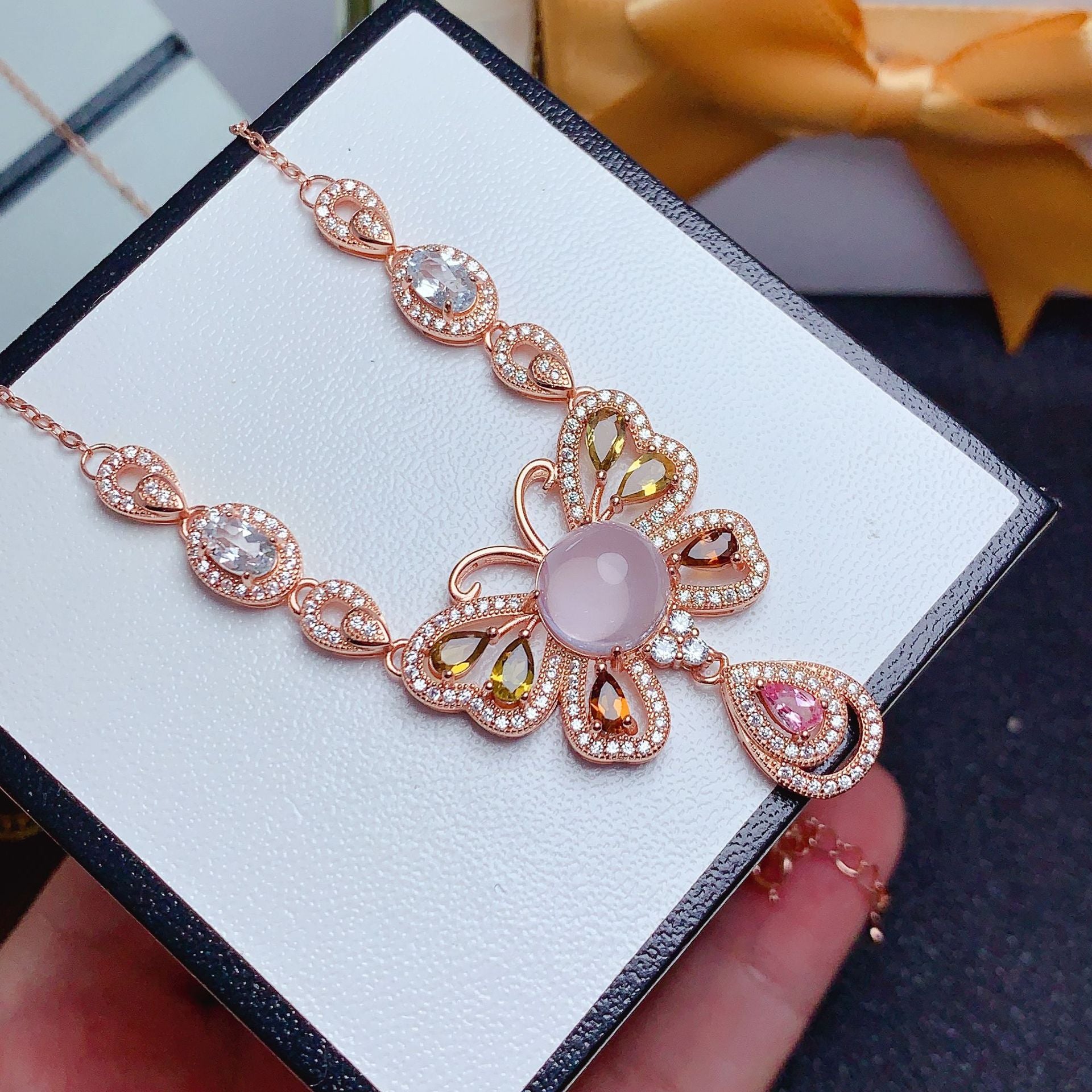 Clavicle Chain Gemstone Jewelry 925 Silver Inlaid with Natural Rose Quartz Tourmaline Aquamarine Engagement Date Necklace