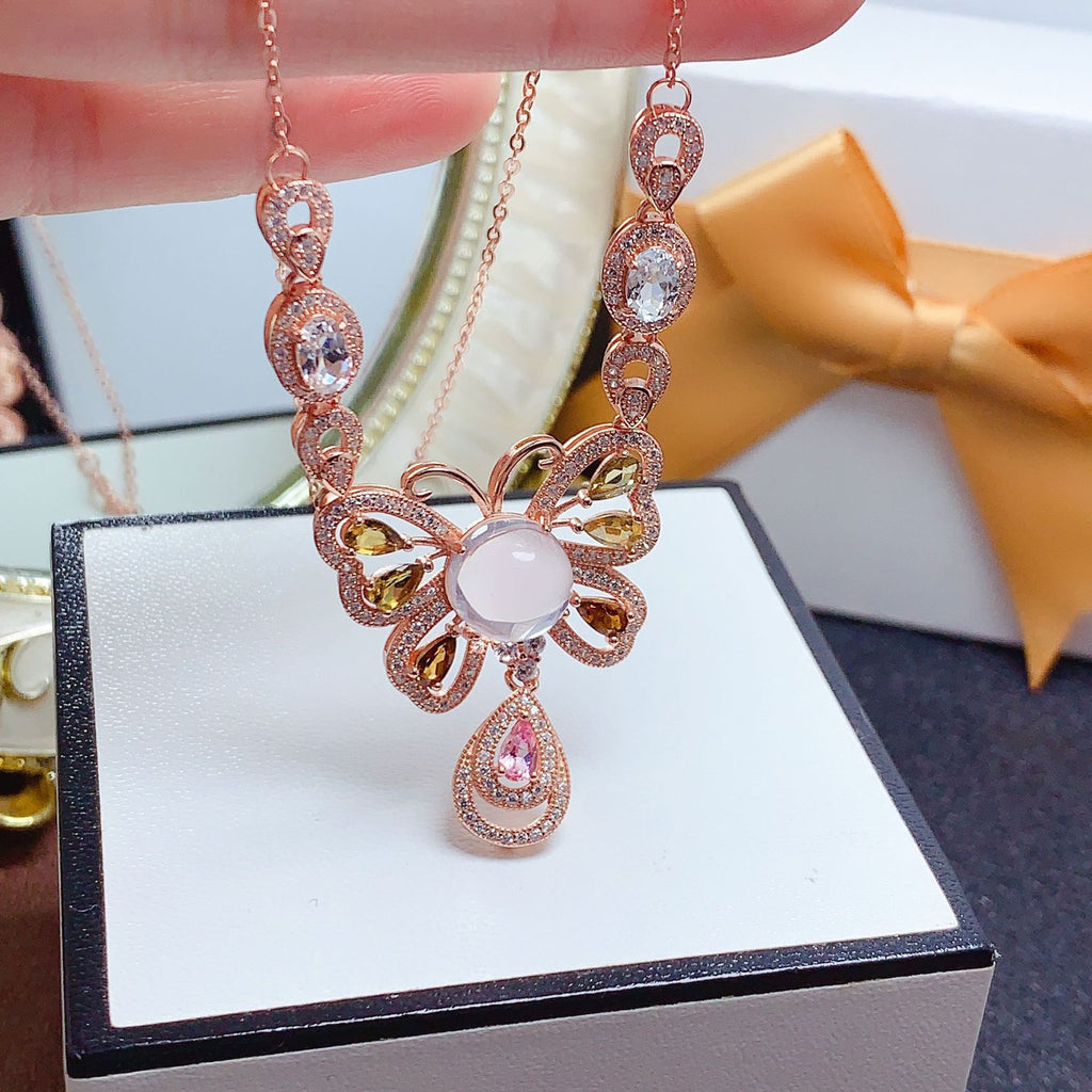 Clavicle Chain Gemstone Jewelry 925 Silver Inlaid with Natural Rose Quartz Tourmaline Aquamarine Engagement Date Necklace