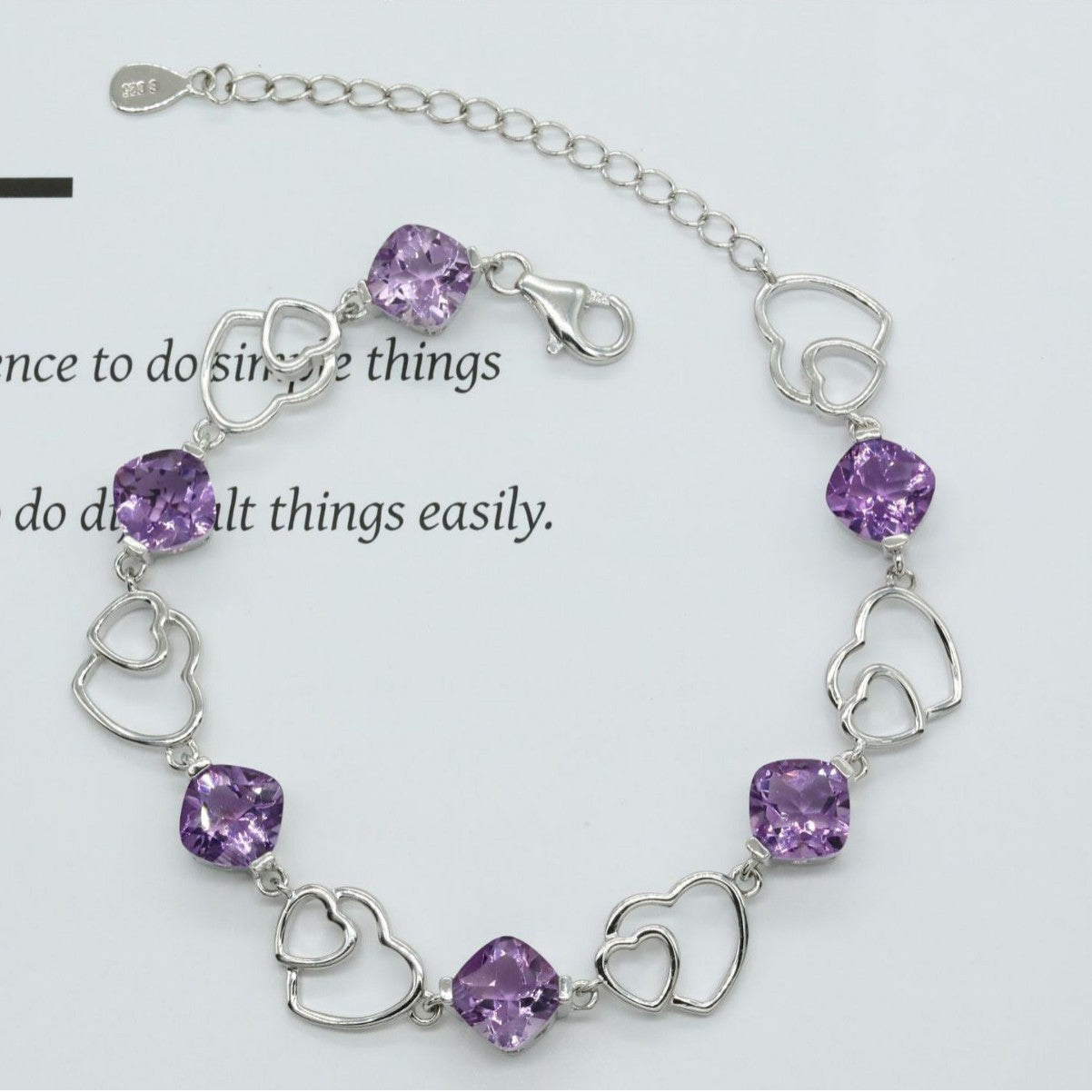 925 Sterling Silver Bracelet Love Double Heart Inlaid Amethyst Women's Bracelet