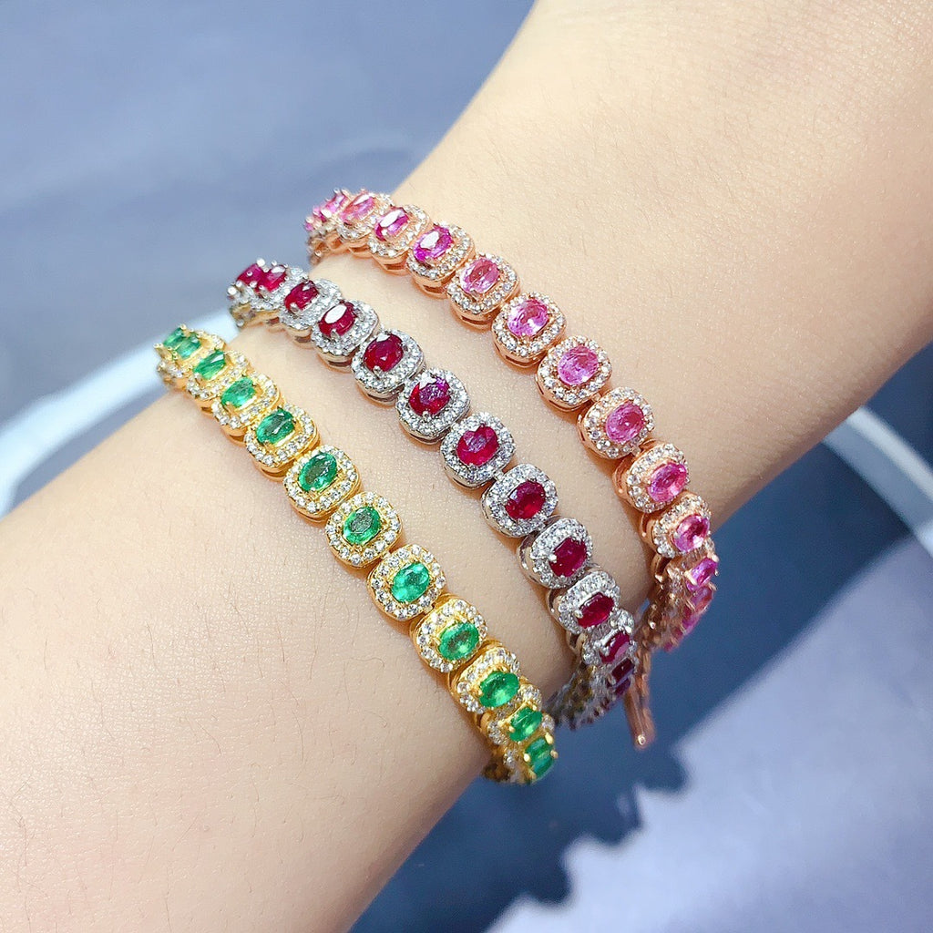 925 Sterling Silver Natural Ruby Emerald Pink Sapphire Bracelet