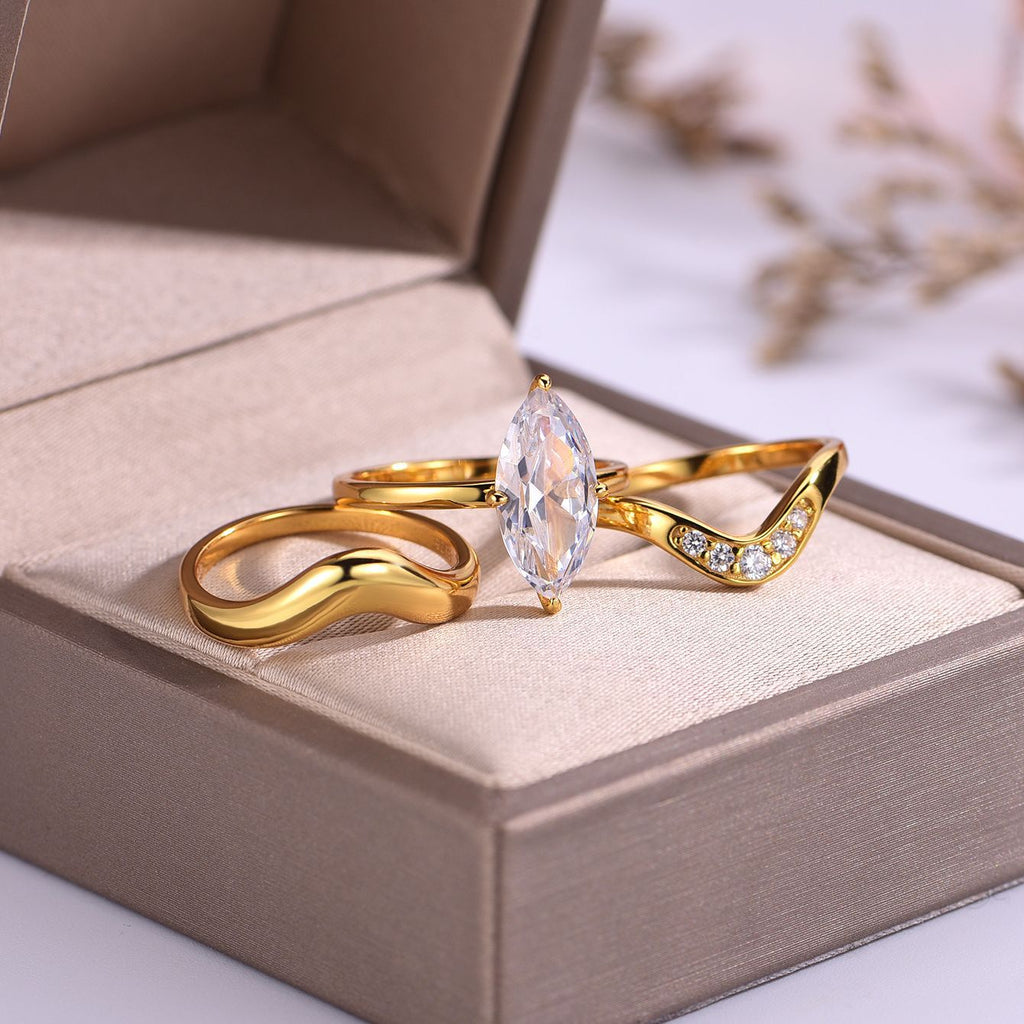 S925 Silver Combination Three-Piece Set Horse Eye Moissanite Ring Set Ring Hot Sale Independent Station Hot Selling Wholesale