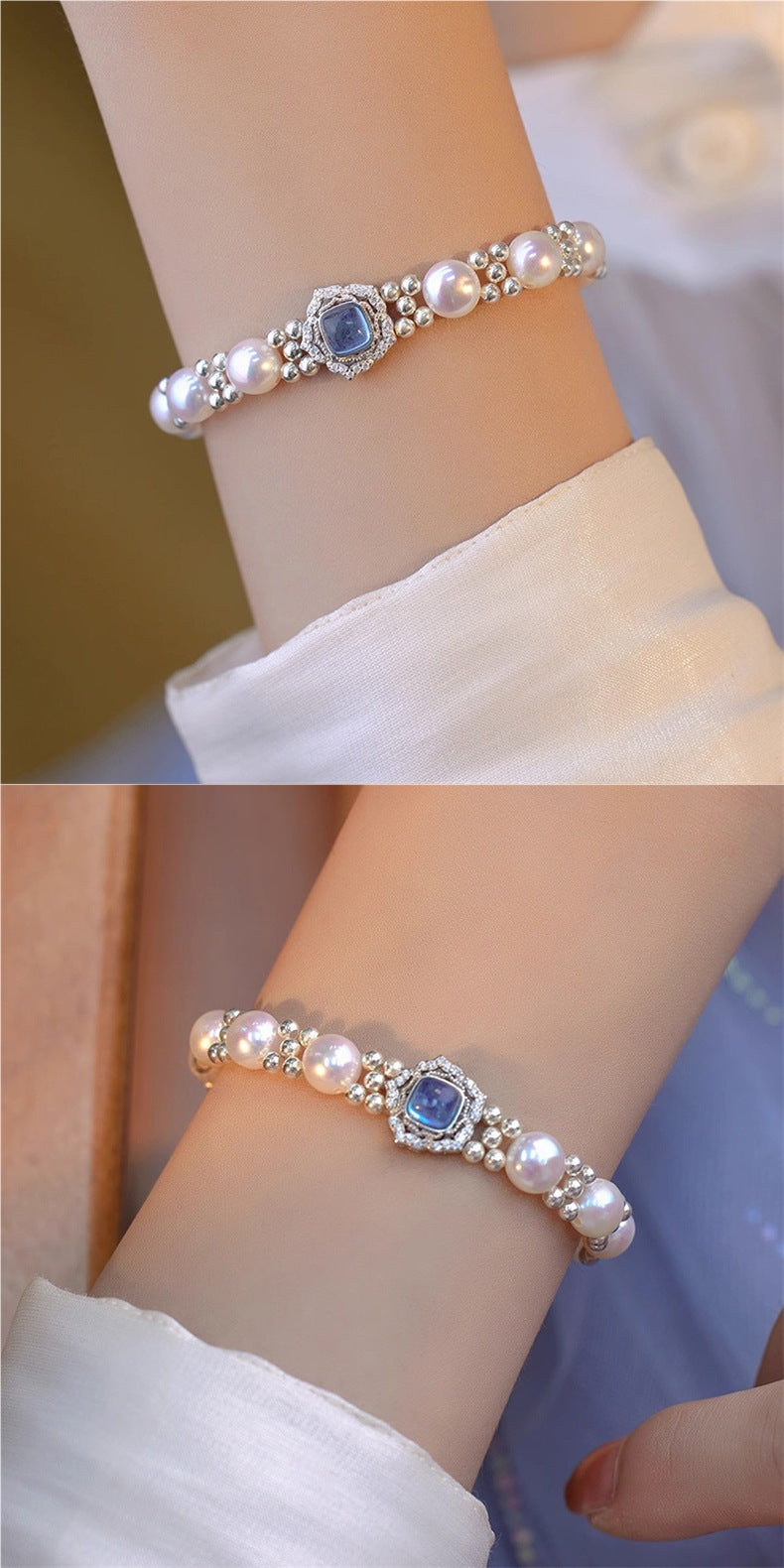 999 Sterling Silver Light Luxury Sea Blue Freshwater Pearl Bracelet