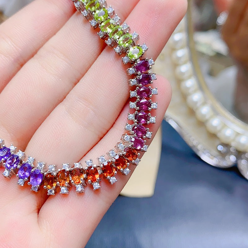 Natural Olivine Garnet Diopside Citrine Amethyst Topaz 925 Silver Multi-Gem Bracelet
