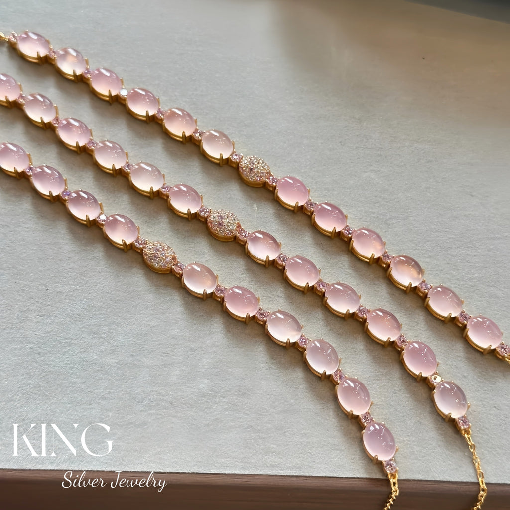 Peerless Beauty| S925 Silver Gold-Plated Cabochon Gradient Peach Pink Crystal Ultra Heavy Fashion High-End Pure Silver Bracelet