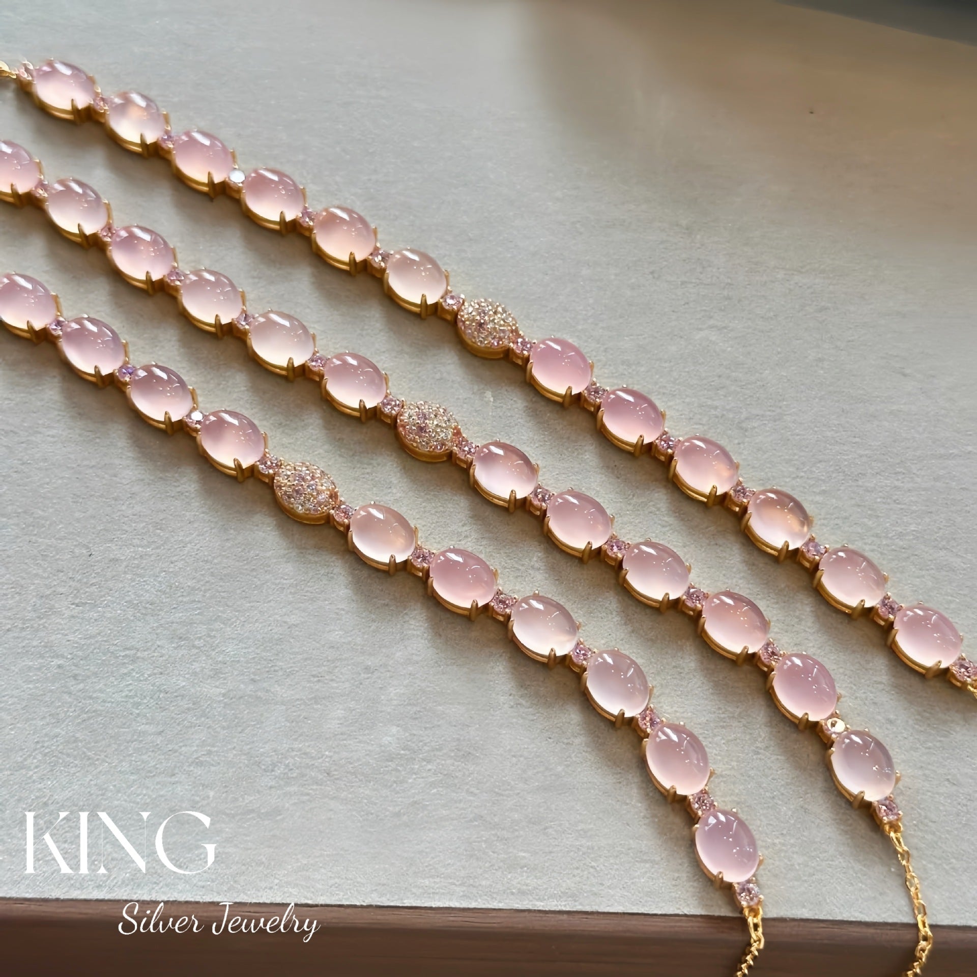 Peerless Beauty| S925 Silver Gold-Plated Cabochon Gradient Peach Pink Crystal Ultra Heavy Fashion High-End Pure Silver Bracelet