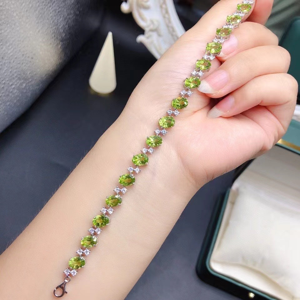 S925 Silver Inlaid Natural Peridot Oval 5*7 Size Bracelet