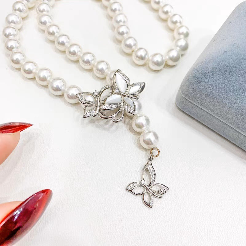 S925 Sterling Silver Butterfly Pearl Necklace Sweater Chain Clip Buckle Belt Buckle