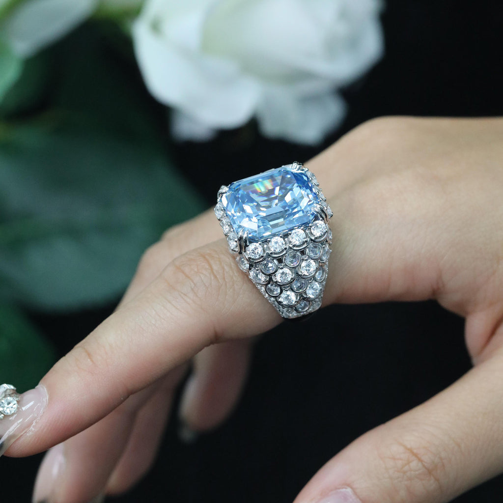 925 Silver Gold Plated Ring 16 Carat High Carbon Diamond Aquamarine Emerald Cut Fish Scale Jewelry Women's Ring