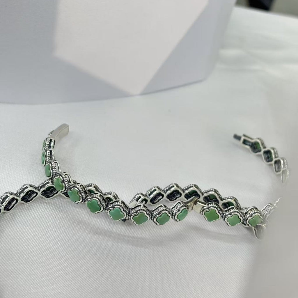 Natural Green Turquoise S925 Silver Inlaid Thick Silver Vintage Four-Leaf Clover Bracelet