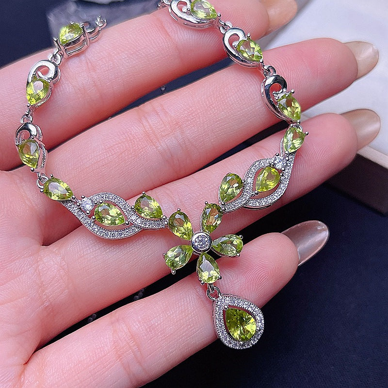 Natural Peridot 925 Silver Inlaid Peridot Chain Row Pendant Evening Chain Necklace