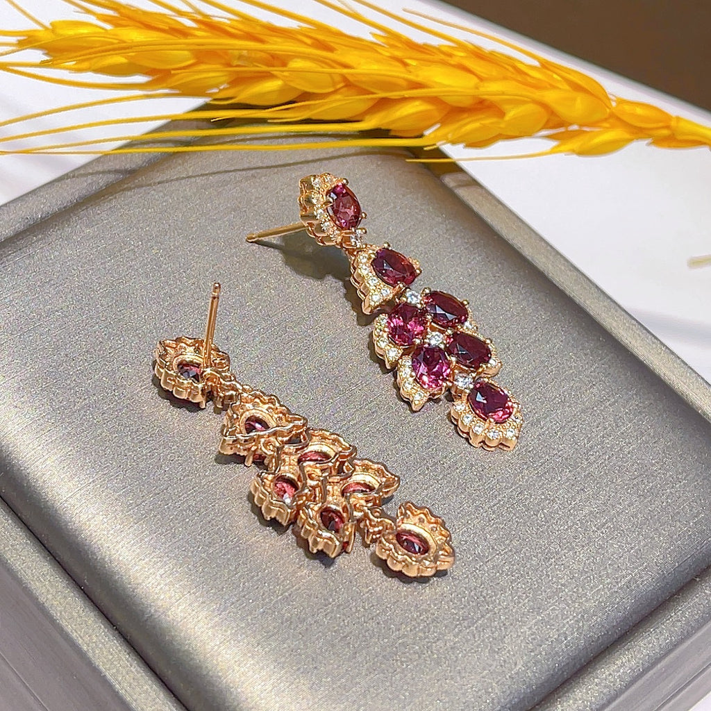 S925 Silver Plated Rose Gold Inlaid Magnesium Aluminum Pomegranate Main Stone 4*5mm*14 Earrings