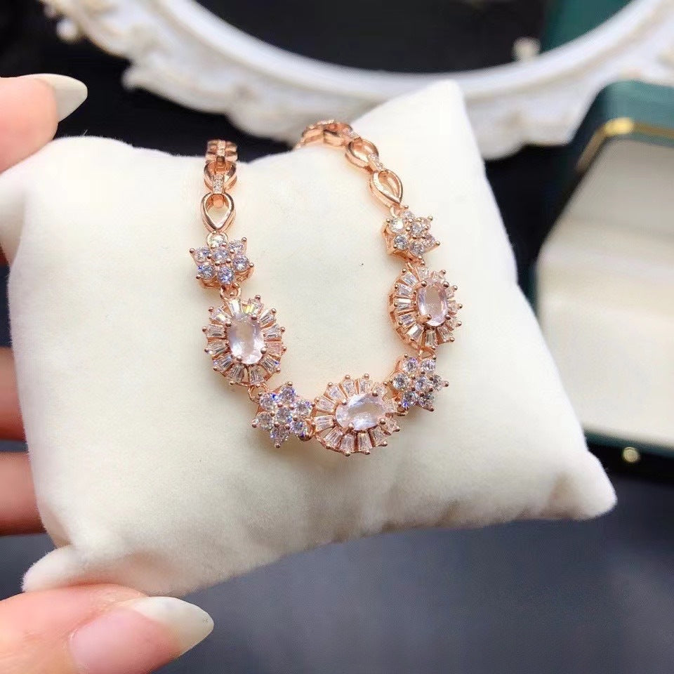 Natural Pink Crystal Bracelet Sakura Pink 925 Sterling Silver Fine Quality Crystal Hand Jewelry