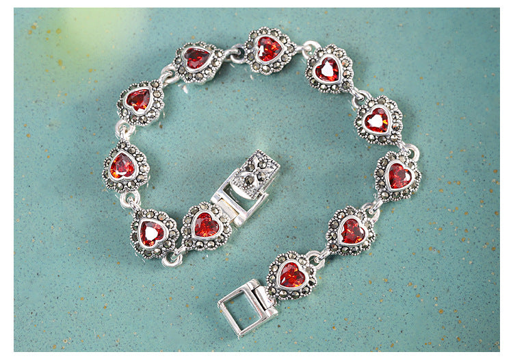 S925 Silver Jewelry Heart-Shaped Garnet Bracelet Versatile Women's Bracelet