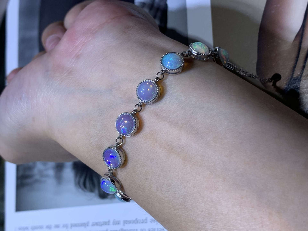 925 Silver Inlaid Opal Round Egg Surface Natural Opal Bracelet
