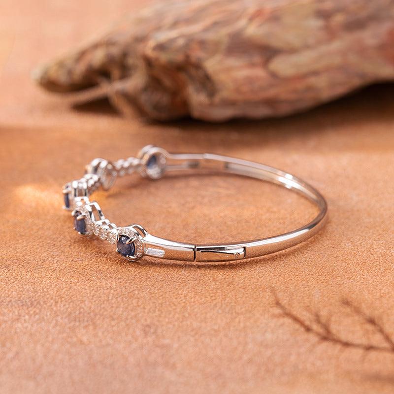 S925 Silver Natural Sapphire Open Bracelet