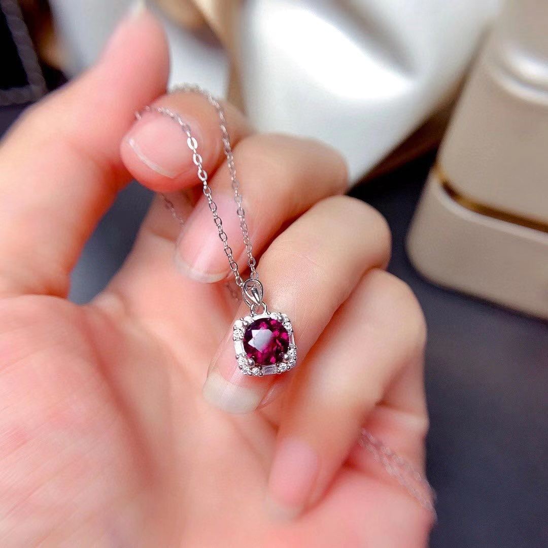 S925 Silver Inlaid Pendant Ring Earrings Natural Purple Tooth Black Garnet Set