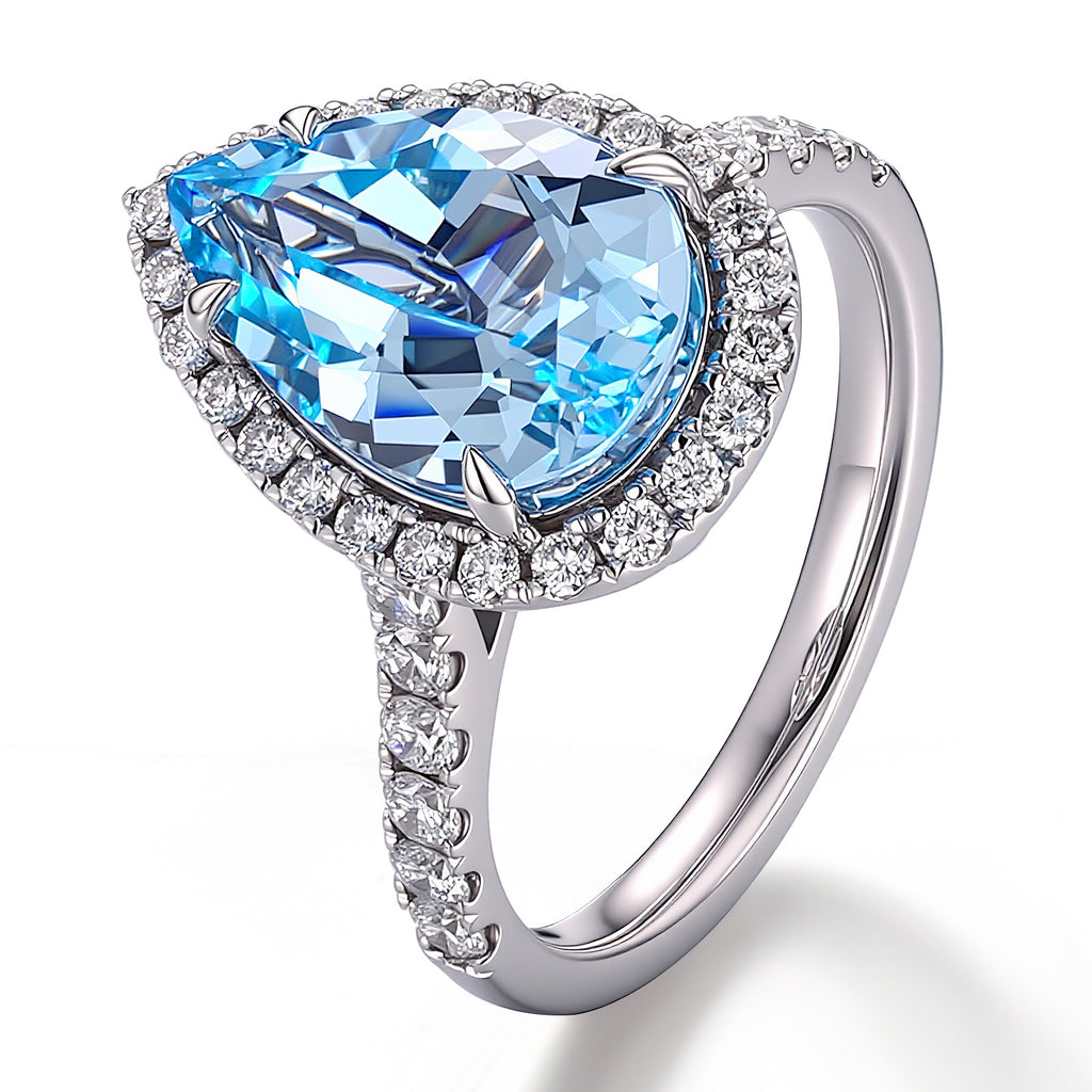 Aquamarine Ring 14K White Gold 3 Carat Drop Shape Cultured Gemstone Ring